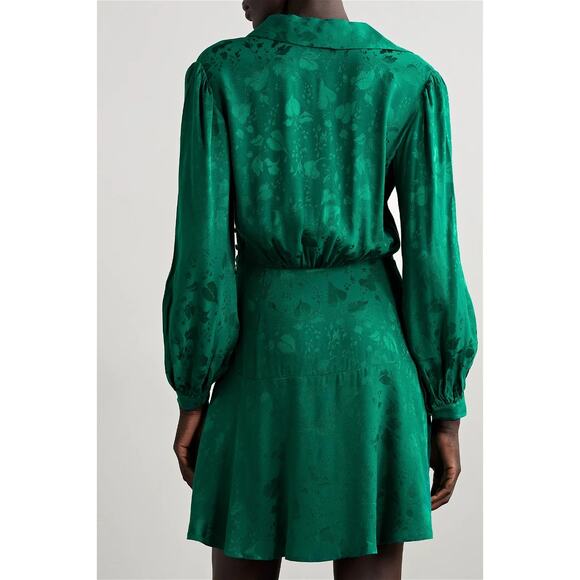 RIXO LONDON Indy Green Floral Satin Jacquard Long Sleeve Mini Dress US MEDIUM - Picture 4 of 14
